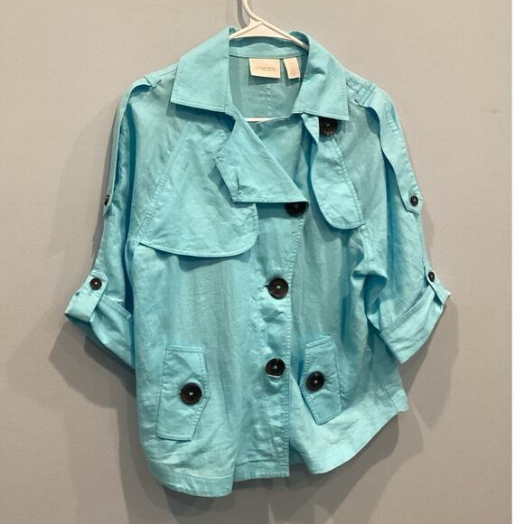 Chico’s Womens Linen Jacket Size M Light Blue Beachy Lagenlook Classic Old Money - Picture 1 of 12